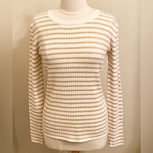 Nine West Sweaters - Nine West Cream Gold Metallic Striped L Coastal Nautical Preppy Casual Sweater
